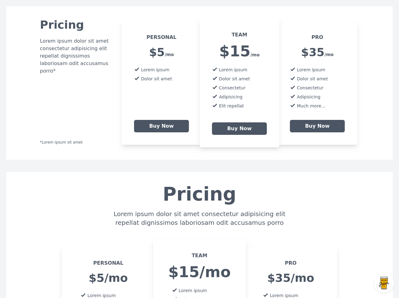 Pricing table wireframes