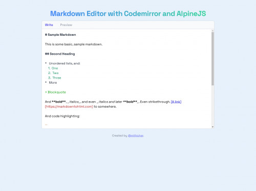 tailwind Markdown Editor with TailwindCSS and AlpineJS