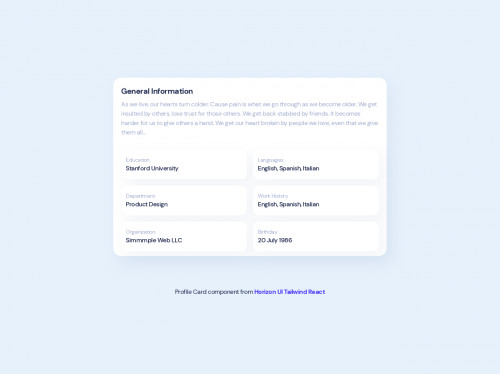 tailwind Tailwind CSS Profile Information Card - Horizon UI Tailwind